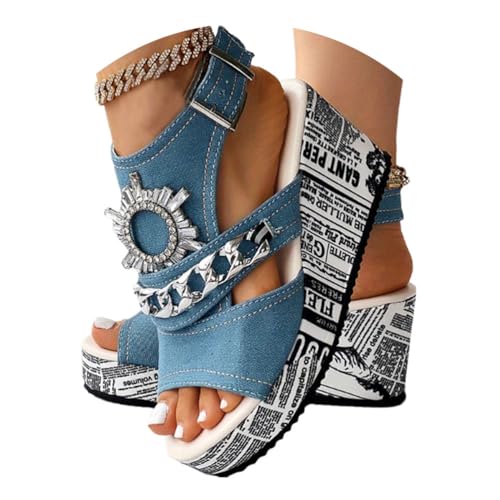 Minetom Damen Sandalen Denim Sommer Wedge Peep Toe High Heel Platform Pantoletten Sandalen Keilabsatz Sommerschuhe Pumps A Hellblau 37 EU von Minetom