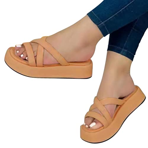 Minetom Damen Sandalen Pantoletten Plateau Sommer Sandaletten Wedge Keilabsatz Hausschuhe Peep Toe Plattform Flip Flops Strandschuhe C Orange 36 EU von Minetom