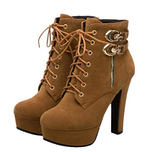 Minetom Damen Schuhe High Heels Stiefel Reißverschluss Wildleder Worker Boots Einfarbige Schuhe Outdoor Stiefel Mit Schnürung A Khaki 37 EU von Minetom