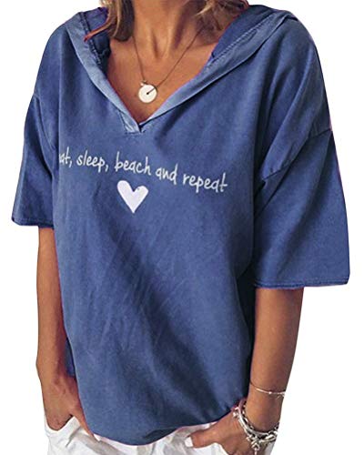 Minetom Damen Sommer Kurzarm Blusen T-Shirt V-Ausschnitte Loose Oversize Shirt Einfarbig Casual Brief Bedruckt Asymmetrisch Oberteile Top B Blau DE 44 von Minetom