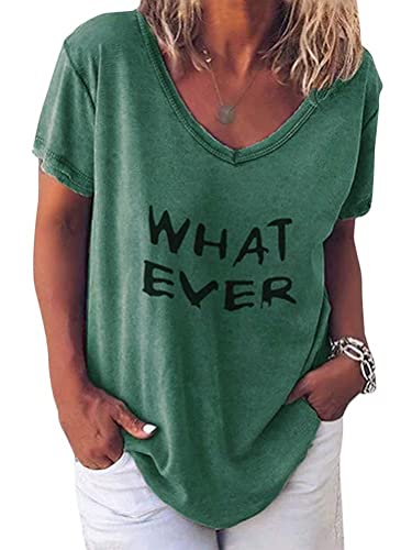 Minetom Damen Sommer Kurzarm Blusen T-Shirt V-Ausschnitte Loose Oversize Shirt Einfarbig Casual Brief Bedruckt Asymmetrisch Oberteile Top C Grün DE 40 von Minetom