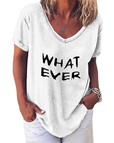 Minetom Damen Sommer Kurzarm Casual Blusen T-Shirt V-Ausschnitte Loose Oversize Shirt Einfarbig Casual Brief Bedruckt Asymmetrisch Oberteile Top C Weiß DE 38 von Minetom