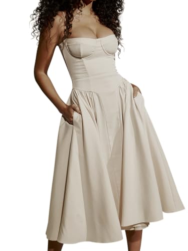 Minetom Damen Sommer Langes Kleid Ärmellose Boot Hals Korsett Bustier Midi Kleid Hochzeit Cocktail Brautkleid Spaghetti Kleider Prinzessin Brautjungfer Kleid A1 Beige M von Minetom