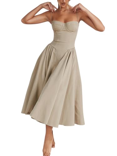 Minetom Damen Sommer Langes Kleid Ärmellose Boot Hals Korsett Bustier Midi Kleid Hochzeit Cocktail Brautkleid Spaghetti Kleider Prinzessin Brautjungfer Kleid A1 Khaki M von Minetom