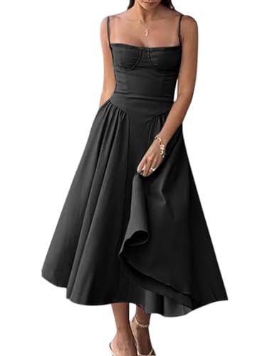 Minetom Damen Sommer Langes Kleid Ärmellose Boot Hals Korsett Bustier Midi Kleid Hochzeit Cocktail Brautkleid Spaghetti Kleider Prinzessin Brautjungfer Kleid A1 Schwarz M von Minetom