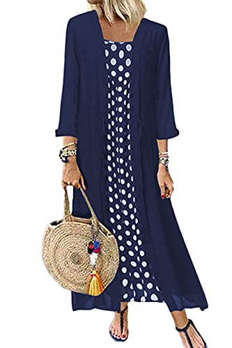 Minetom Damen Sommerkleid Baumwolle Leinen Vintage Ärmellos Blumen Baggy Lose Beiläufige Lang Kleider Maxikleid Plus Size Kurzarm Ethnisch Boho Kleid M Marine 48 von Minetom