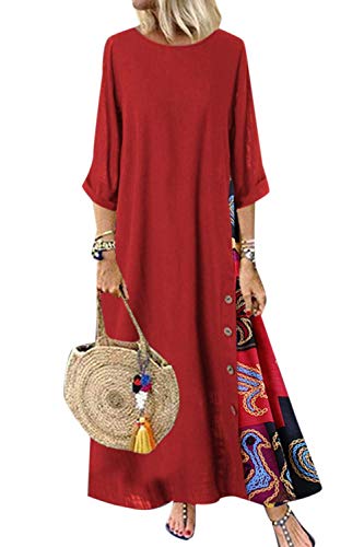 Minetom Damen Sommerkleid Elegant Baumwolle Leinen Vintage Ärmellos Blumen Baggy Lose Beiläufige Lang Kleider Maxikleid Plus Size B Rot 44 von Minetom