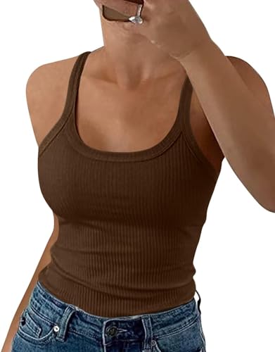 Minetom Damen Spaghetti Top Gerippt Sommer Sexy Tank Top Cami Oberteile Ärmellos Slim Fit Ribbed Träger Tops Einfarbig A Braun M von Minetom