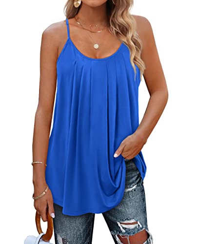 Minetom Damen Spaghetti Top Sommer Locker Tunika Ärmellose Oberteile Spaghettiträger Tank Tops Plissierte Vorderseite Ohne Ärmel Elegant Lose T-Shirt Bluse mit Plissee B Blau M von Minetom