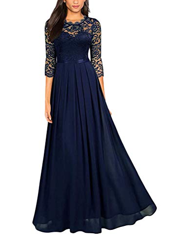 Minetom Damen Spitzenkleider Hochzeit Chiffon Abendkleider Elegant 3/4 Ärmel Maxi Langes Kleid Cocktail Party Ballkleid Brautjungfernkleid C Blau 36 von Minetom