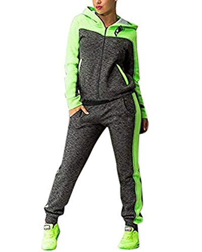 Minetom Damen Sportanzug Traingsanzug Jogginganzug Frauen 2 Teilig Freizeitanzug Kapuzenpullover Lange Ärmel Zipper Top + Lange Hose Sportswear 2 Stück Bekleidungsset Sport C Grün XXL von Minetom