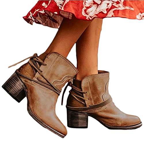 Minetom Damen Stiefeletten Booties Mit Blockabsatz Frauen Ankle Boots Bootie Herbst Winter Stiefel Schnürsenkel Stiefelette A Khaki 36 EU von Minetom