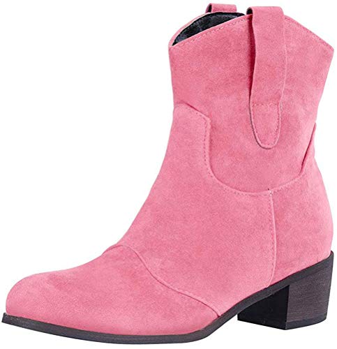 Minetom Damen Stiefeletten Mit Absatz Cowgirl Western Biker Boots Chelsea Kurze Damenschuhe Retro Stiefel Kurzschaft Bequem Schuhe Pink 35 EU von Minetom