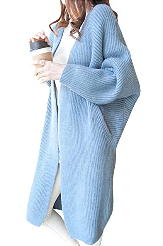 Minetom Damen Strickjacke Pullover Cardigan Langarm Oversize Frühling Winter Herbst Cardigan Lang Mantel Grobstrick Strickmantel C Blau Einheitsgröße von Minetom