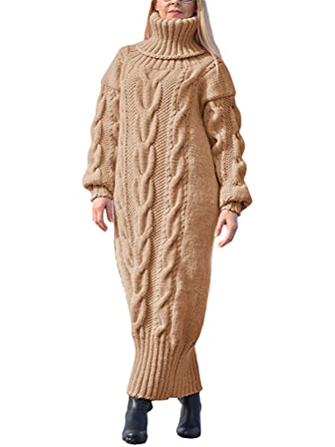 Minetom Damen Strickkleid Grobstrick Pulloverkleid Tunika Kleid Rollkragen Langarm Maxi Kleid Pullikleid Lang Strickpullover Wickelkleid A Khaki 3XL von Minetom