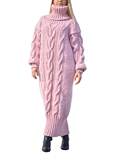 Minetom Damen Strickkleid Grobstrick Pulloverkleid Tunika Kleid Rollkragen Langarm Maxi Kleid Pullikleid Lang Strickpullover Wickelkleid A Rosa S von Minetom