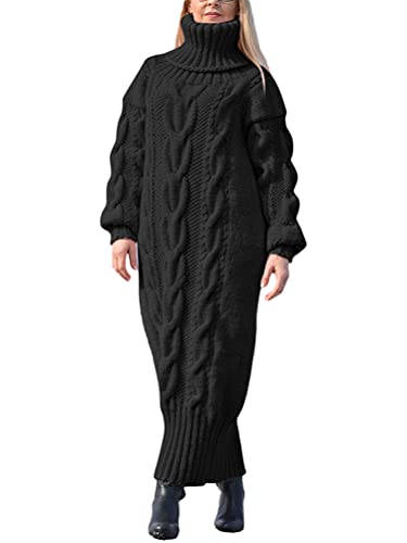 Minetom Damen Strickkleid Grobstrick Pulloverkleid Tunika Kleid Rollkragen Langarm Maxi Kleid Pullikleid Lang Strickpullover Wickelkleid A Schwarz L von Minetom