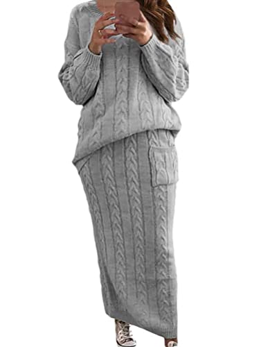 Minetom Damen Strickkleid Zweiteiliger Anzug Pullover Oberteil und Midi Strickrock Bodycon 2 Stück Set Winter Strick Kleid Pulloverkleid A Grau L von Minetom