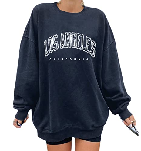 Minetom Damen Sweatshirt ohne Kapuze Los Angeles Vintage Drucken Oversized Langarmshirt Rundhals Pullover Tops Teenager Mädchen Lockerer Oberteile Hip Hop Top Casual Mode Brief Print Shirt A Blau L von Minetom