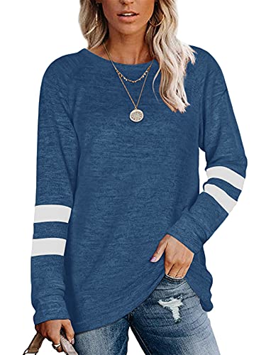 Minetom Damen T-Shirt Langarm Rundhals Freizeit Pullover T Shirts Sweatshirts Basic Langarmshirt Tunika Casual Oberteil Locker Bluse Herbst Winter A Blau L von Minetom