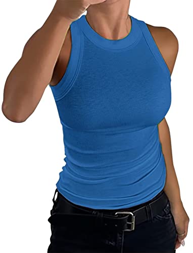 Minetom Damen Tank Top Ärmellose Sommer Sexy Crop Tops Racerback T Shirt Rundhals Einfarbig Basic Slim Fit Shirts Elegant Gerippt Oberteile Ribbed Knit Camisole A Dunkelblau M von Minetom