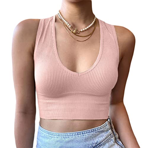 Minetom Damen Tank Top Sexy Tiefer V Ausschnitt Crop Tops Sommer Ärmellose Basic Shirt Camisole Bauchfrei Oberteile A Rosa M von Minetom