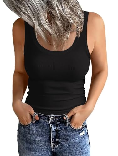 Minetom Damen Tank Top Sommer Slim Fit Oberteile Gerippt Ärmellos Basic Shirt Einfarbig Weste Top Casual Ribbed Träger Tops 2024 A Schwarz S von Minetom