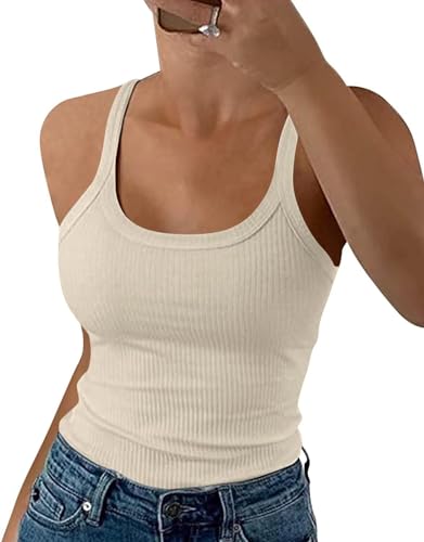 Minetom Damen Tops Sommer Sexy U-Ausschnitt Gerippt Spaghetti Top Basic Shirt Oberteile Ärmellos Slim Fit Cami Einfarbig A Beige S von Minetom