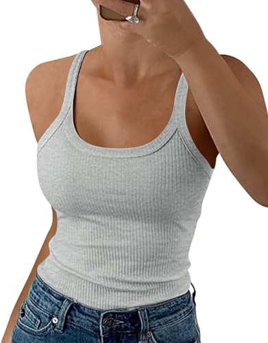 Minetom Damen Tops Sommer Sexy U-Ausschnitt Gerippt Spaghetti Top Basic Shirt Oberteile Ärmellos Slim Fit Cami Einfarbig A Grau S von Minetom