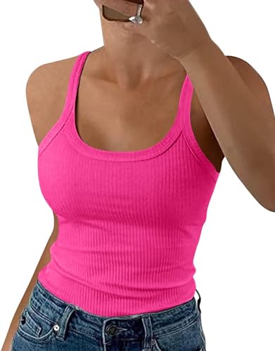 Minetom Damen Tops Sommer Sexy U-Ausschnitt Gerippt Spaghetti Top Basic Shirt Oberteile Ärmellos Slim Fit Cami Einfarbig A Rosa XS von Minetom