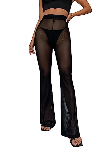 Minetom Damen Transparent Schlaghose Yogahose Elastischer Bund Mesh Lange Hosen Hohe Taille Strandhose Bikinihosen Cover Up A Schwarz M von Minetom