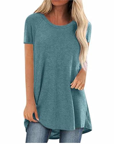 Minetom Damen Tunika Top Kurzarm Oberteile Einfarbig Lang Pullover Oversize Longshirt Hemd Lose Bluse T-Shirt H Blau 3XL von Minetom