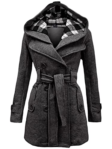 Minetom Damen Winter Mantel Lange Kapuze Zweireihige Wollmantel Revers Outwear Mit Taschen Warm Wintermantel Dicke Kapuzenjacke Lang Coat A Dunkelgrau XL von Minetom