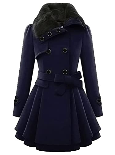 Minetom Damen Winter Mantel Lange Zweireihige Wollmantel Revers Outwear Mit Taschen Warm Wintermantel Dicke Lang Coat B Blau XXL von Minetom