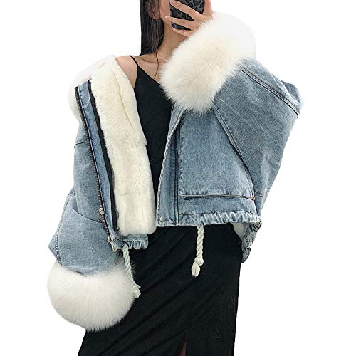 Minetom Damen Winter Plüsch Gefütterte Kragen Denim Jacken Langarm Jeansjacke Fleecejacke Mantel Warme Winterjacke mit Kordelzug Blau Weiß 42 von Minetom