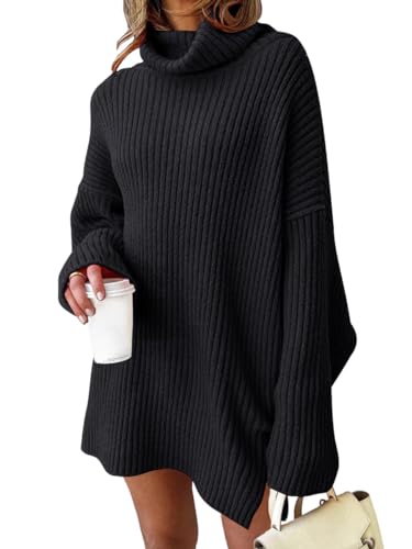 Minetom Damen Winterkleid Rollkragen Pullikleid Langarm Strickkleid Gestrickt Basic Pulloverkleid Für Herbst Und Winter Lange Pullover Minikleid A Schwarz L von Minetom