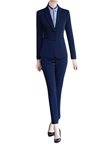 Minetom Damen Zweiteiliger Anzug Set Revers Business Büro Formal Blazer Elegant Langarm Anzugjacke Hosenanzug Slim Fit Hose 2 Stück A Marine XL von Minetom