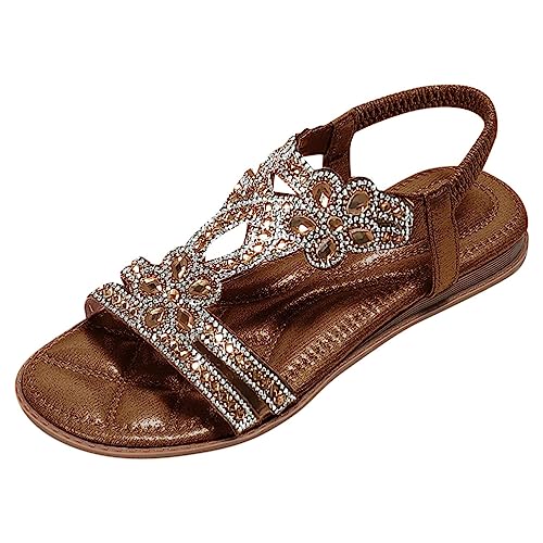 Minetom Flache Sandalen Damen Strass Boho T-Riemen Frauen Sandalen Weichen Sohlen Sommerschuhe Gummiband Slingback Zehentrenner Sandalen Mädchen Strandschuhe A1 Braun 35 EU von Minetom