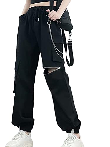 Minetom Freizeithosen Damen Cargo Hose Sweathose Teenager Mädchen Elastische Jogginghose Cargohose Sport Hosen Yogahose Streetwear mit Kette Taschen D Schwarz S Minetom Freizeithosen Damen Cargo Hose Sweathose Teenager Mädchen Elastische Jogginghose Cargohose Sport Hosen Yogahose Streetwear mit Kette Taschen D Schwarz S von Minetom