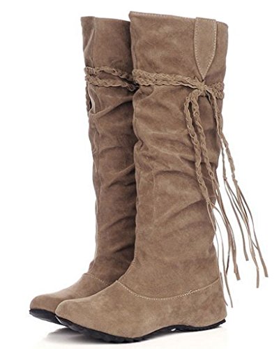 Minetom Herbst Und Winter Frauen Hohe Stiefel Mattoberflächen Höhe Erhöhen Schuhe Mit Quaste Rüschedekoration (EU 39, Khaki) von Minetom