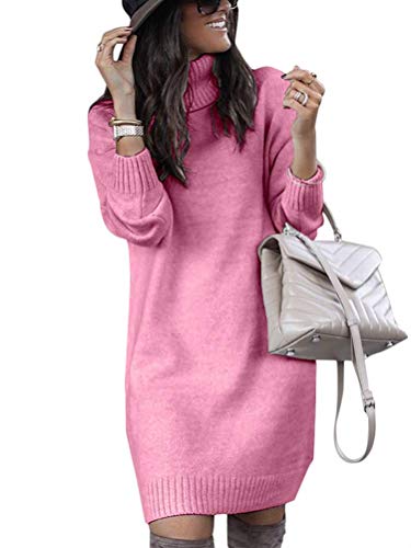 Minetom Herbst Winter Damen Pullover Sweater Strickkleid Warm Elegant Langarm Strickpullover Lang Rollkragen Tunika Kleid Rosa 34 von Minetom