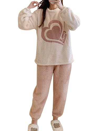 Minetom Herbst Winter Pyjamas Damen Mädchen Ensembles Warm Fleece Nachtwäsche Plüsch Schlafanzug Hausanzug Loungewear Oberteile und Hose Zweiteiliger Pyjama Set E Beige XS von Minetom
