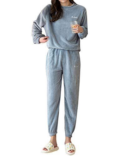 Minetom Herbst Winter Pyjamas Damen Mädchen Zweiteiler Ensembles Warm Coral Fleece Nachtwäsche Süße Plüsch Schlafanzug Langarm Shirt und Hose A Blau 34 von Minetom