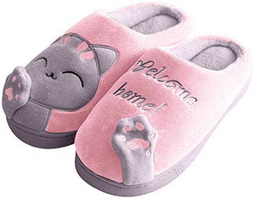 Minetom Herren Damen Winter Baumwolle Pantoffeln Dickere Wärme Weiche Hausschuhe Kuschelige Katze Home rutschfeste Slippers D Rosa Grau EU 38 39 von Minetom