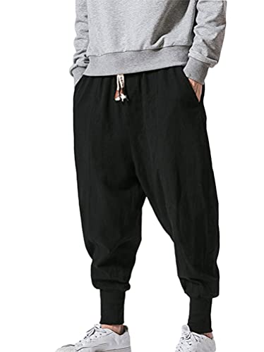 Minetom Herren Hose Lang Leinen Loose Fit Strandhose Freizeithose Jogger Haremshose Baggy Einfarbig Kordelzug Sommerhose für Männer A Schwarz XXL von Minetom