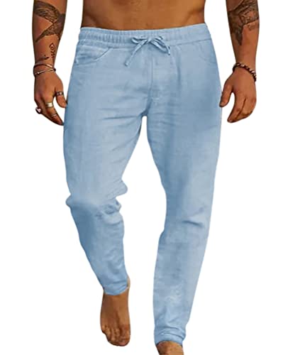 Minetom Herren Hose Lang Sommerhose Strandhose Einfarbig Elastisch Freizeithose Urlaub Stoffhose Mit Kordelzug Loungewear B Blau XXL von Minetom