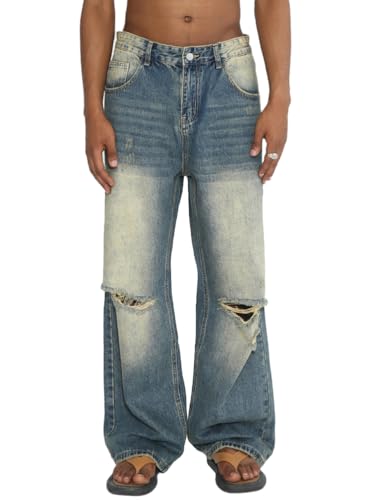 Minetom Herren Jeans Baggy Hip Hop Jeanshose Streetwear Skateboard Jeans Teenager Jungen Loose Fit Denim Pants Classic Destroyed Weite Beine Hosen F Blau XL von Minetom