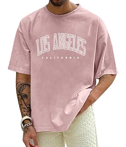 Minetom Herren Oversized T-Shirt Mit Überschnittenen Schultern Rundhals Kurzarm Sommer Oberteile Los Angeles Drucken Bluse Streetwear Pärchen T-Shirt Teenager Tunika Tops A Rosa XL von Minetom