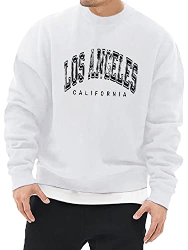 Minetom Herren Sweatshirt ohne Kapuze Sweat Crewneck Pullover mit Breiten Rippbündchen Los Angeles Grafik Vintage Buchstaben Drucken Basic Lässige Sport Training T-Shirt für Männer A Weiß L von Minetom