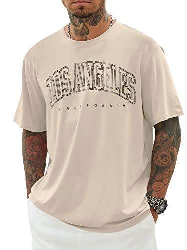 Minetom Oversized Tshirt Herren Rundhals Kurzarm Lose Sommer Oberteile Mode T-Shirt mit Los Angeles Grafik Kreativen Buchstaben Vintage Drucken Streetwear Sport Casual Lang Tops A Aprikose XL von Minetom